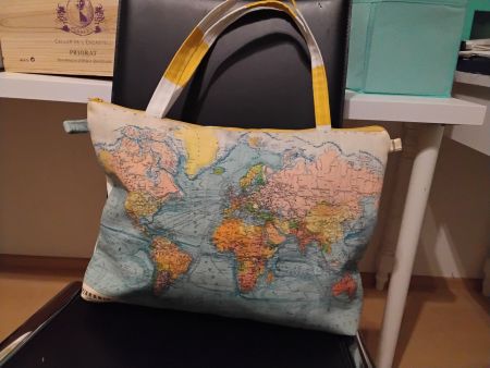 Stofftasche Weltkarte gelb gestreift, Handarbeit Unikat