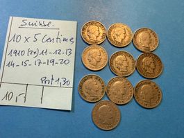 SUISSE : 10 X 5 CENTIMES 1910 à 1920