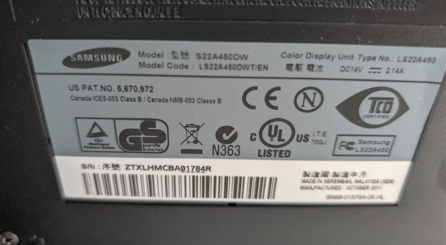 Samsung Monitor: Samsung 22" Monitor - SyncMaster S22A450DW – Usato da Dietlikon venduto da ComdatAG 3