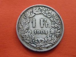 1 Fr. 1904  rar nur 0,40 Mio. Prägungen  -  ungereinigt  -