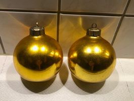 Duo, ältere, grosse Weihnachts-Kugeln aus Glas, goldfarben