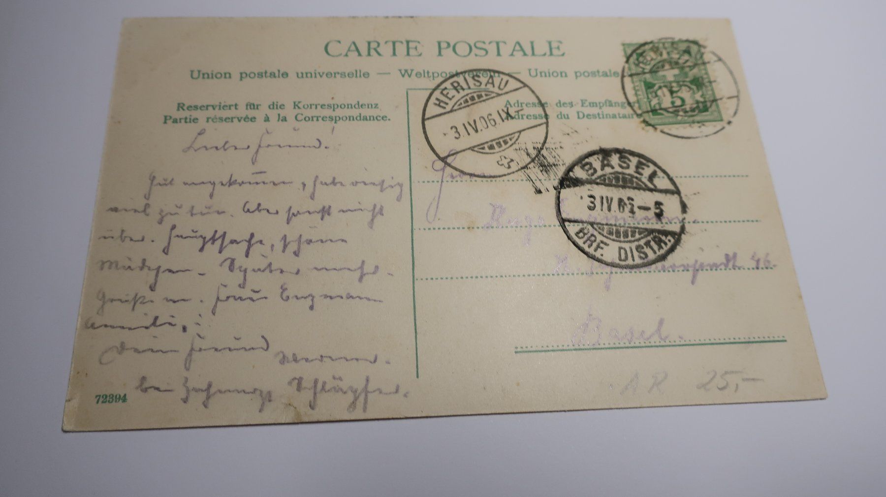 Cartoline postali: Herisau.  1906 – Usato da Cormoret venduto da Pascalll2001 3