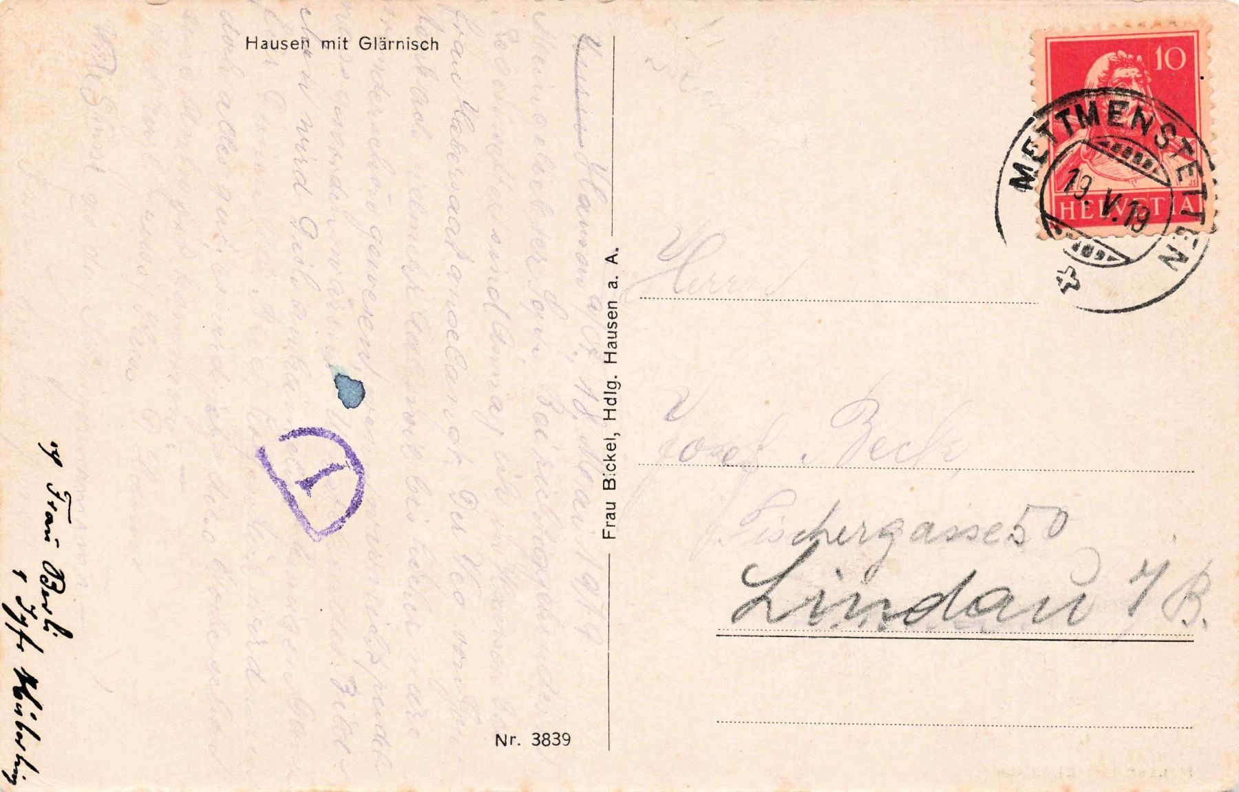 Cartoline postali: Hausen mit Glärnisch Mettmenstetten – Usato da Biasca venduto da Blenio71 1