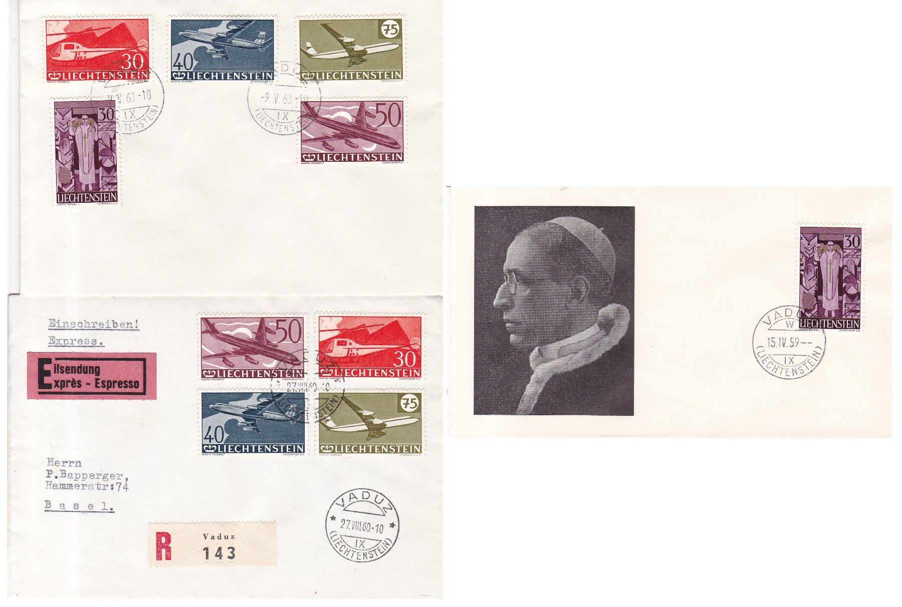 Tutti i francobolli: 7 Briefe, 2 Briefmarken "Liechtenstein" ab 1945 – Usato da Münchwilen AG venduto da Nesar 1