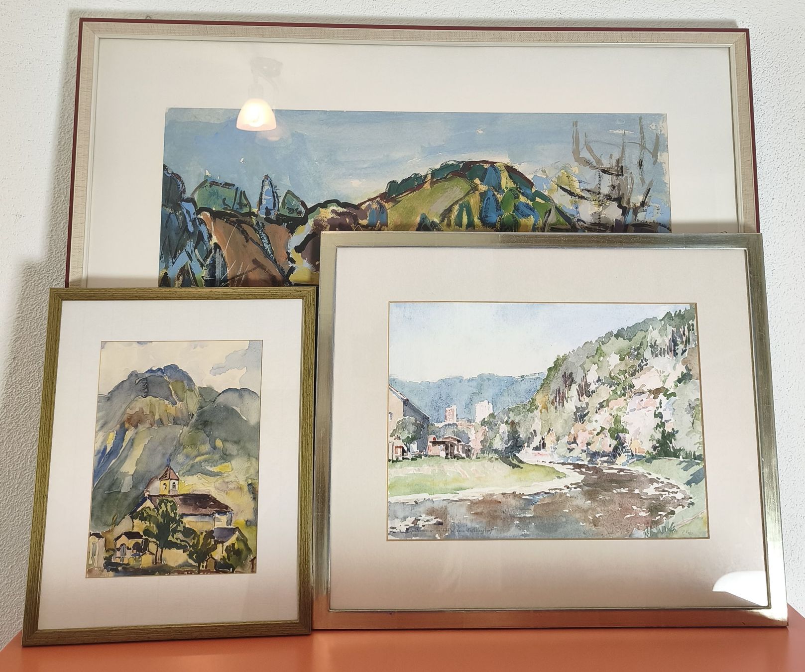 Gemälde: 3 Aquarelle Selbstgemalt mit Dorf Kirche Berg – Gebraucht aus Brunnen von Ylli_6440