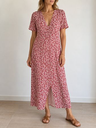 Robe été légère petits fleurs rouge ouverte dans la jupe M-L