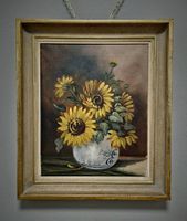 Vintage leuchtendes Sonnenblumen-Ölbild, signiert, gerahmt