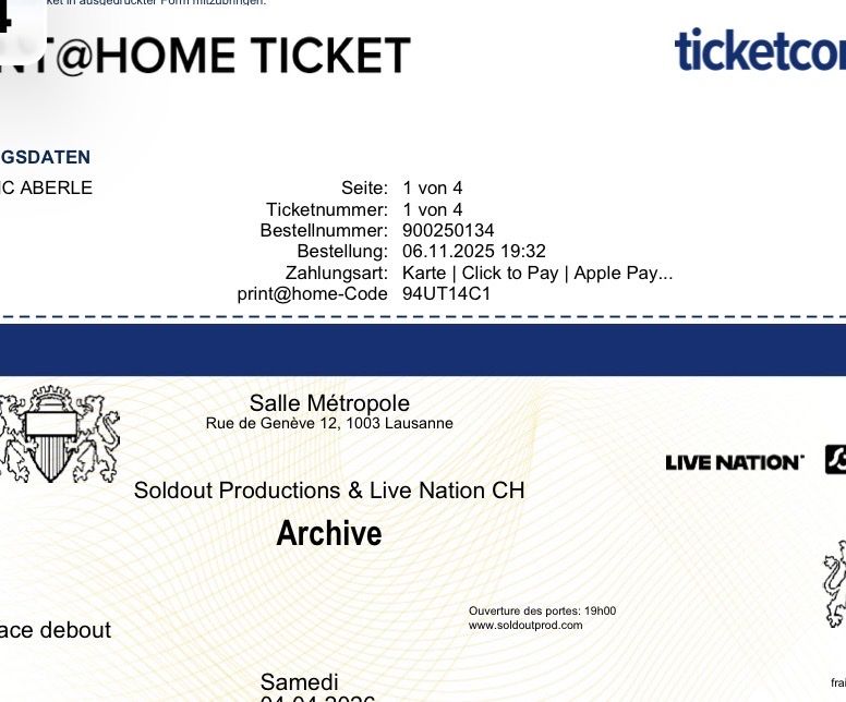 Banknoten: 4 billets pour concert Archive Lausanne  – Neu (gemäss Beschreibung) aus Meinier von Faberle