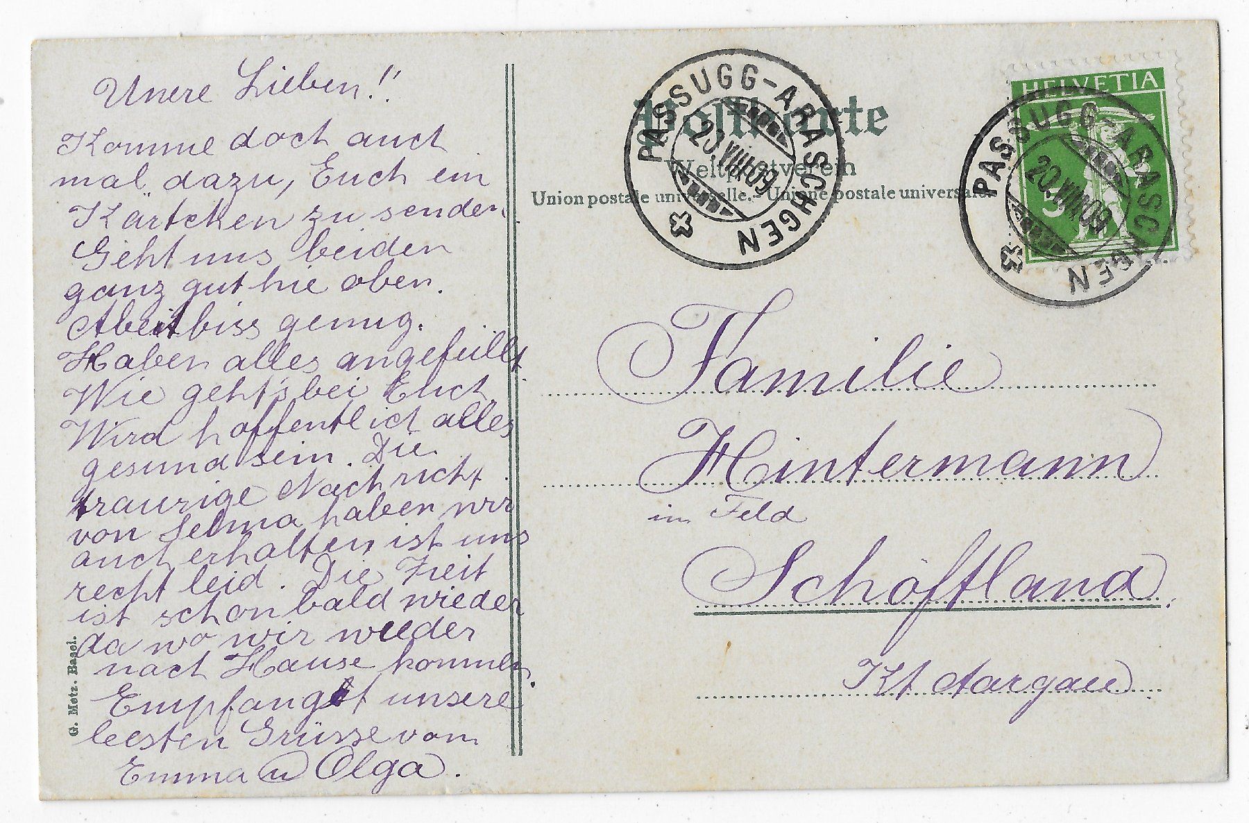 Ansichtskarten: Passugg bei Chur um 1909⛲ – Gebraucht aus Hefenhofen von Richsalz 1