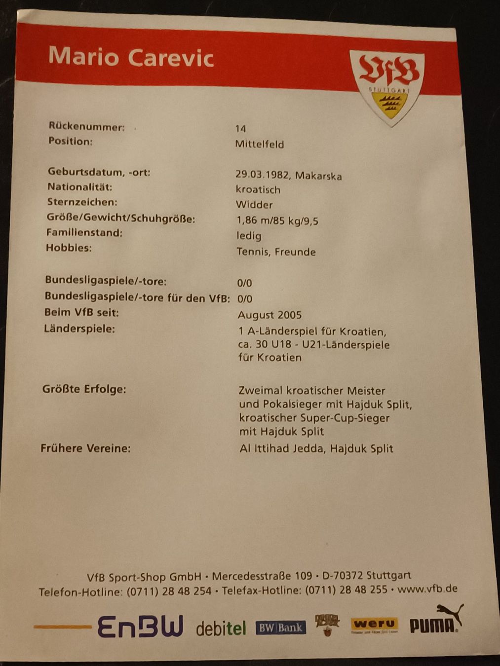 Autografi: Mario Carevic - VfB Stuttgart - Handsigniert – Usato da Menziken venduto da Artographs 1