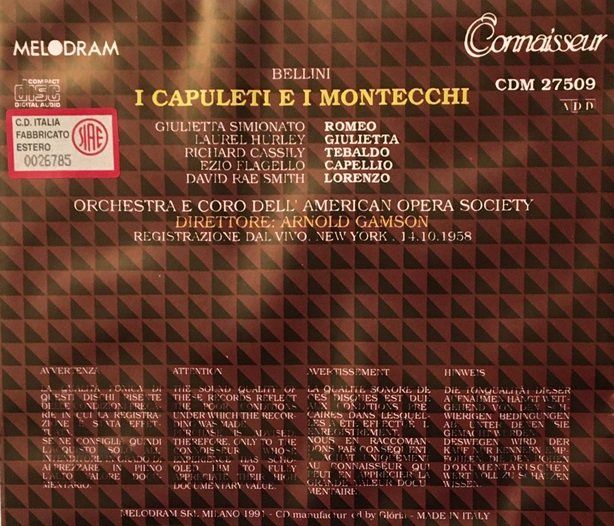 CD: Bellini - I Capuleti e i Montecchi (1958, Arnold Gamson) – Usato da Grüningen venduto da azulblanco 2