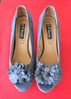 Sommerliche Leder Peeptoe-Pumps, Gr. 38, blau, floral