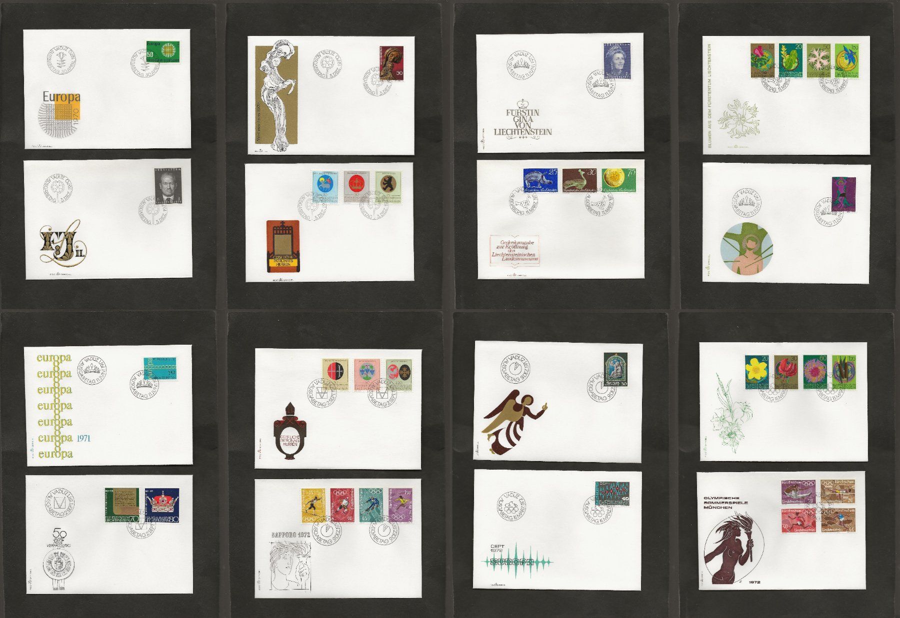 Tutti i francobolli: 16 FDC Liechtenstein 1970 bis 1972 – Usato da Au ZH venduto da xelagreb01