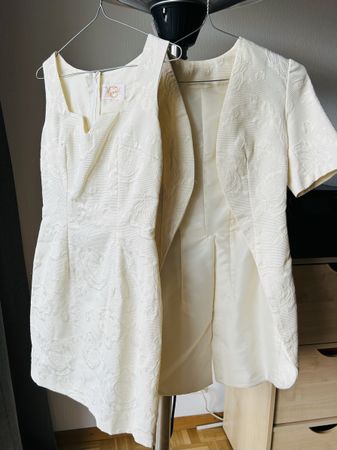 Tailleur robe de cérémonie en jacquard ivoire, 2 pièces