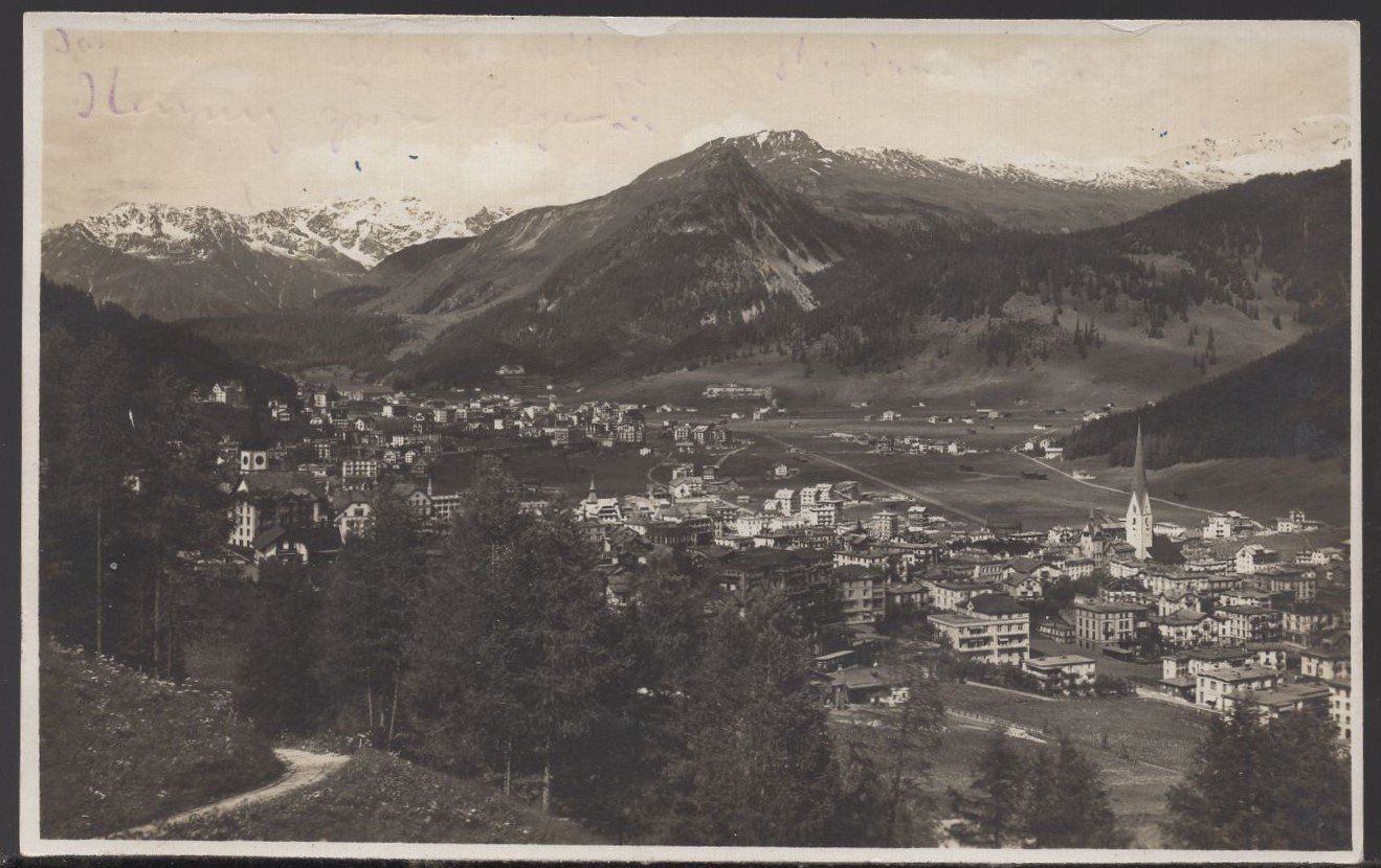 Cartoline postali: Davos   Luftbild  Bahnpost - RHÄT.-BAHN 1922 – Usato da Aarau venduto da kufi44