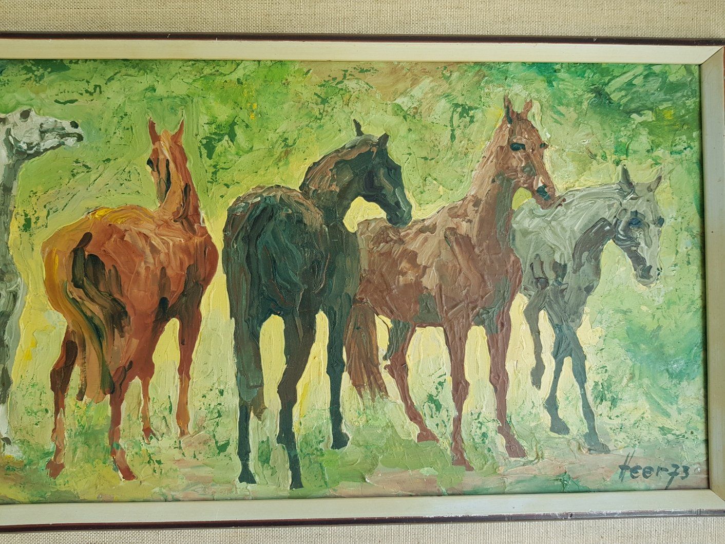 Dipinti: Tableau Chevaux , signé Heer et daté de 1973. – Usato da Tramelan venduto da Art-rider 4