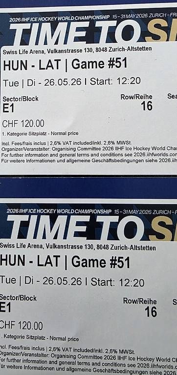 Biglietti: 2 Tickets Eishockey WM HUN - LAT – Usato da Embrach venduto da Alana80