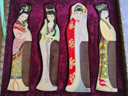 Vintage Set 4 handbemalte Kämme Gong Shu Ming Bi