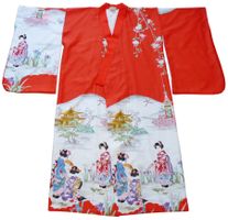 Kleid Kimono Gr. S-L rot weiss VINTAGE gefüttert Japan