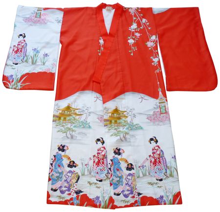 Kleid Kimono Gr. S-L rot weiss VINTAGE gefüttert Japan