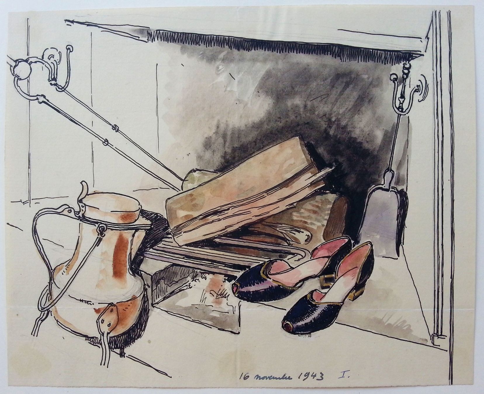 Gemälde: Tuschezeichnung Stillleben Kamin, 1943 – Gebraucht aus Oberriet SG von Manick