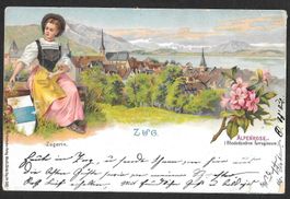 Zug farbige Lithografie mit Tracht und Alpenrose