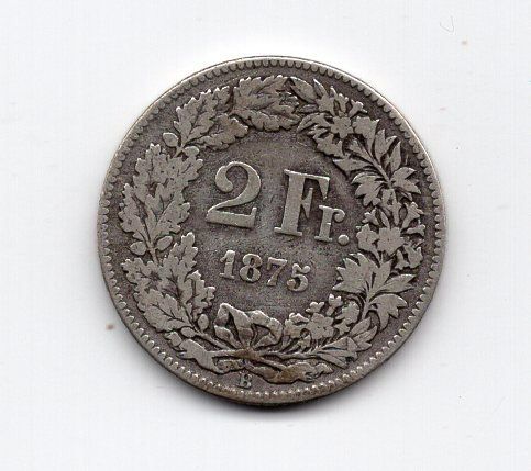 Tutti le monete: (657) Schweiz, 2 Franken 1875 – Usato da Rüthi (Rheintal) venduto da erdnuessli1