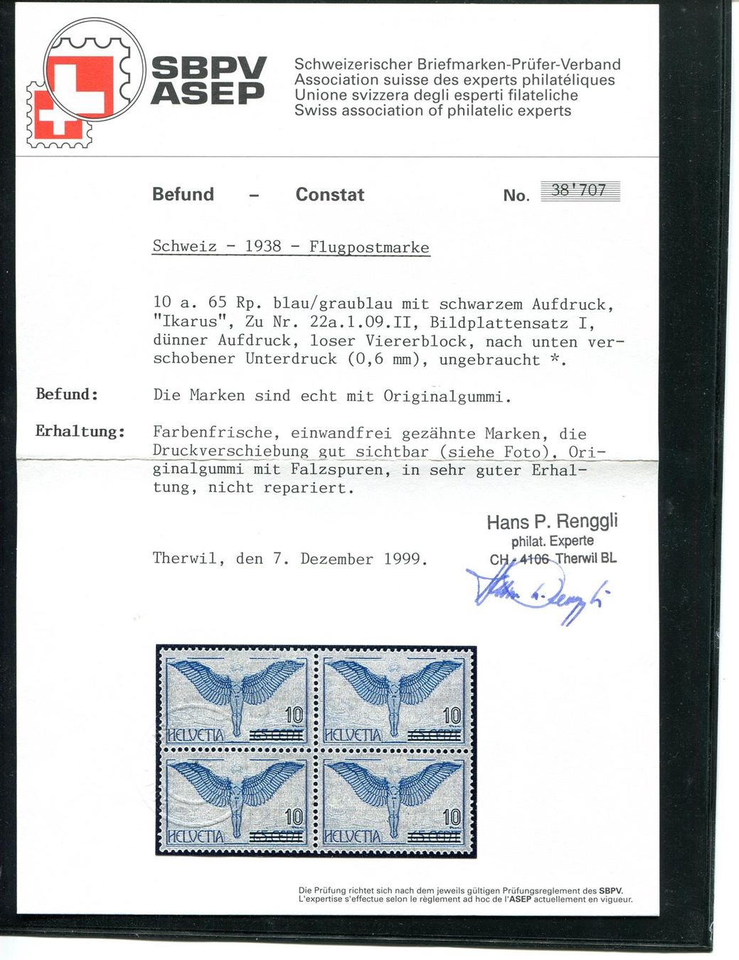 Tutti i francobolli: 1938 Nr.22a.1.09 V'block mit Attest – Usato da Winterthur venduto da Kyoung 2