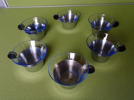 6 hellblaue Glas Teetassen Bakelit Griff