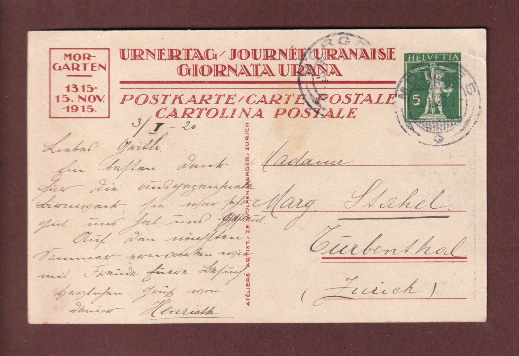 Cartoline postali: 600 ans MORGARTEN - 1920 – Usato da Pully venduto da nicecards 1
