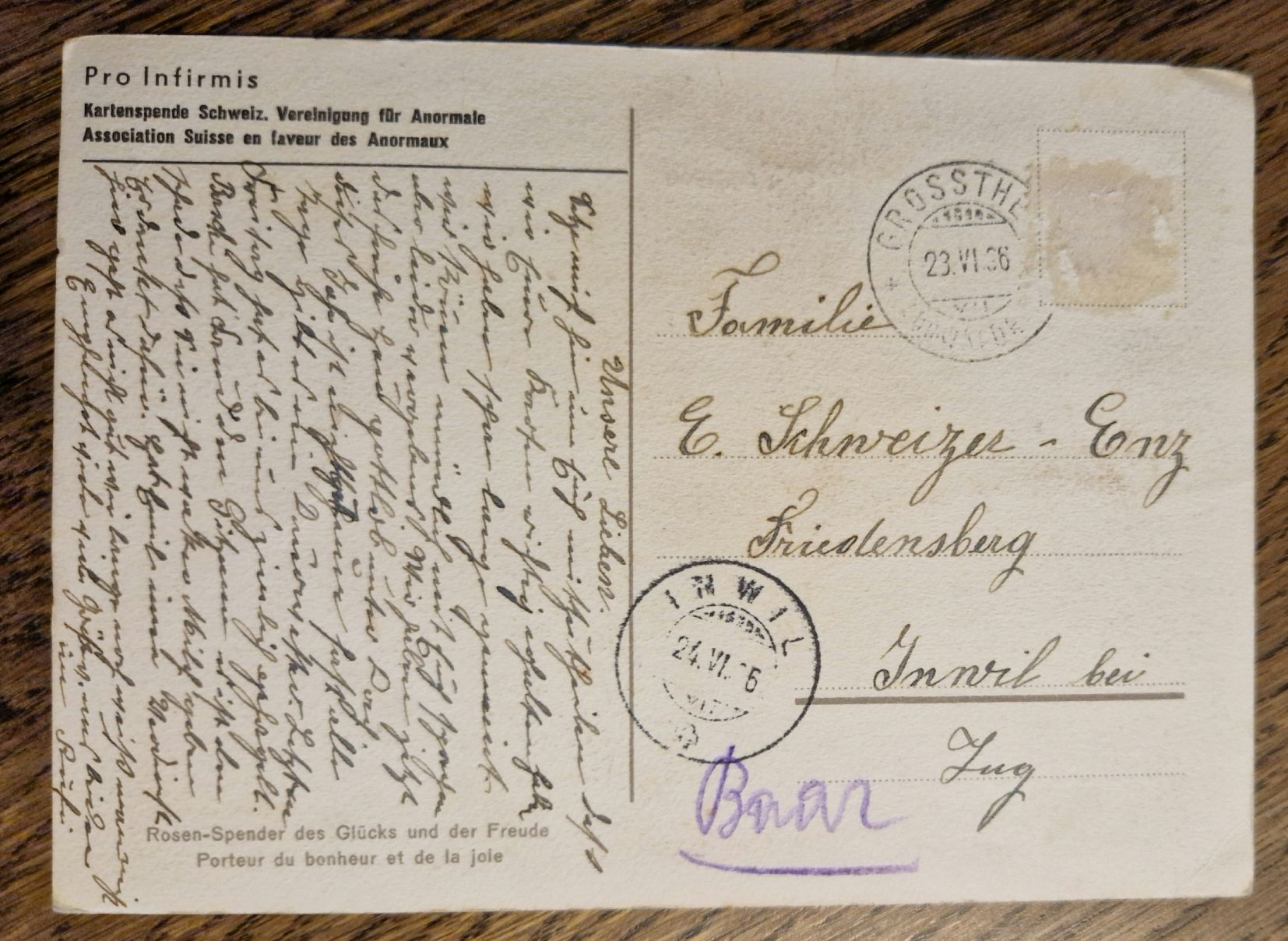 Cartoline postali: Pro Infirmiskarte Rosen 1936 – Usato da Ebikon venduto da Donar50 1