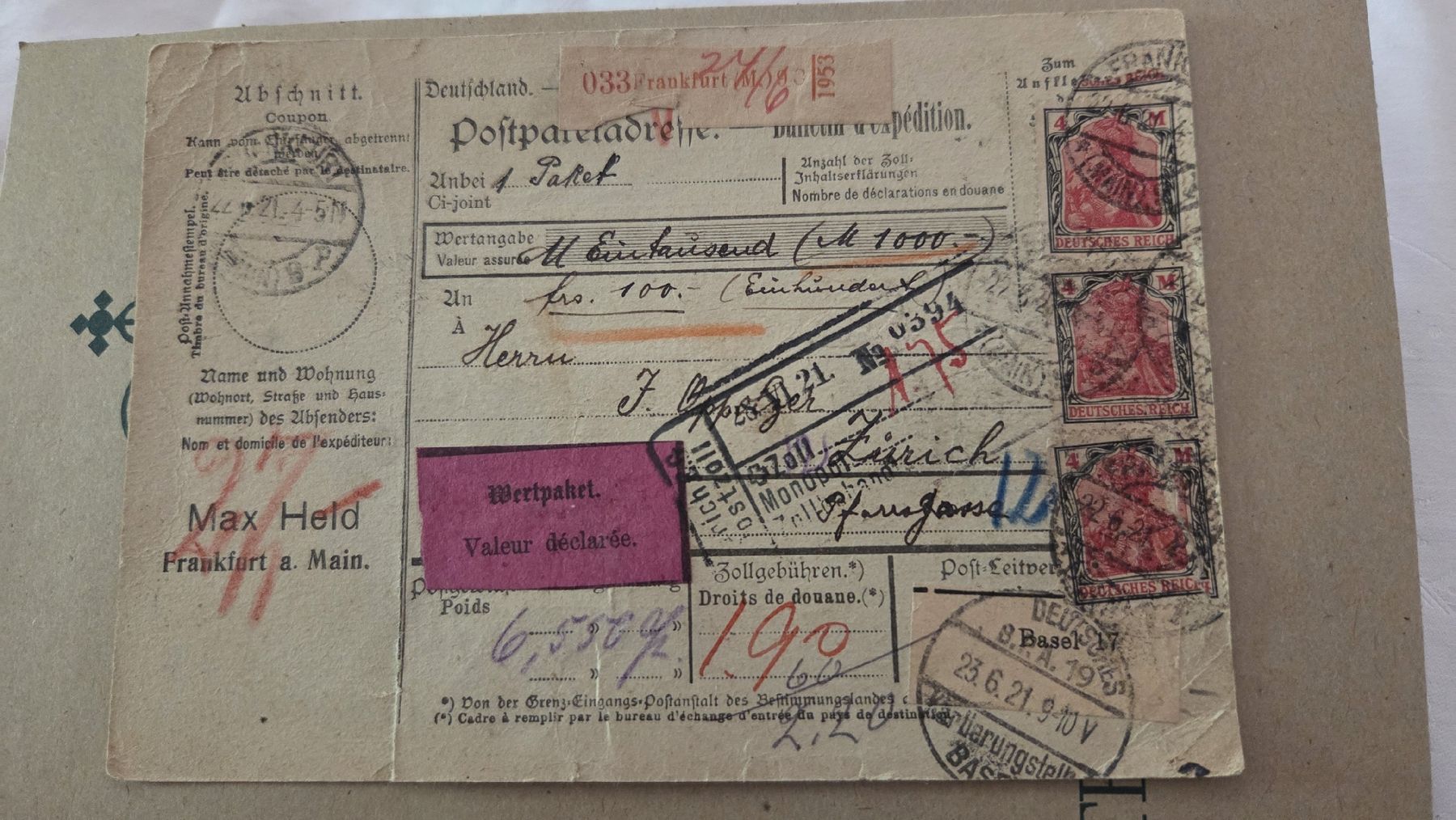 Alle Briefmarken: 1921Paketkarte Deutsches Reich – Gebraucht aus Arni AG von Moth68