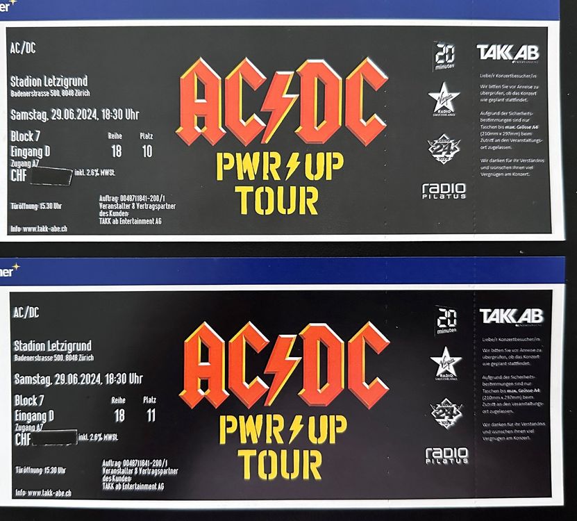 2 AC/DC Tickets Sitzplatz Konzert Letzigrund ZH 1. Kategorie (Neu und ...