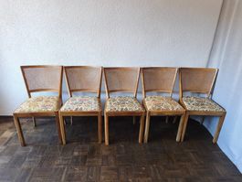 5x Vintage Stühle Holz Rattan gepolstert geflochtene Lehne