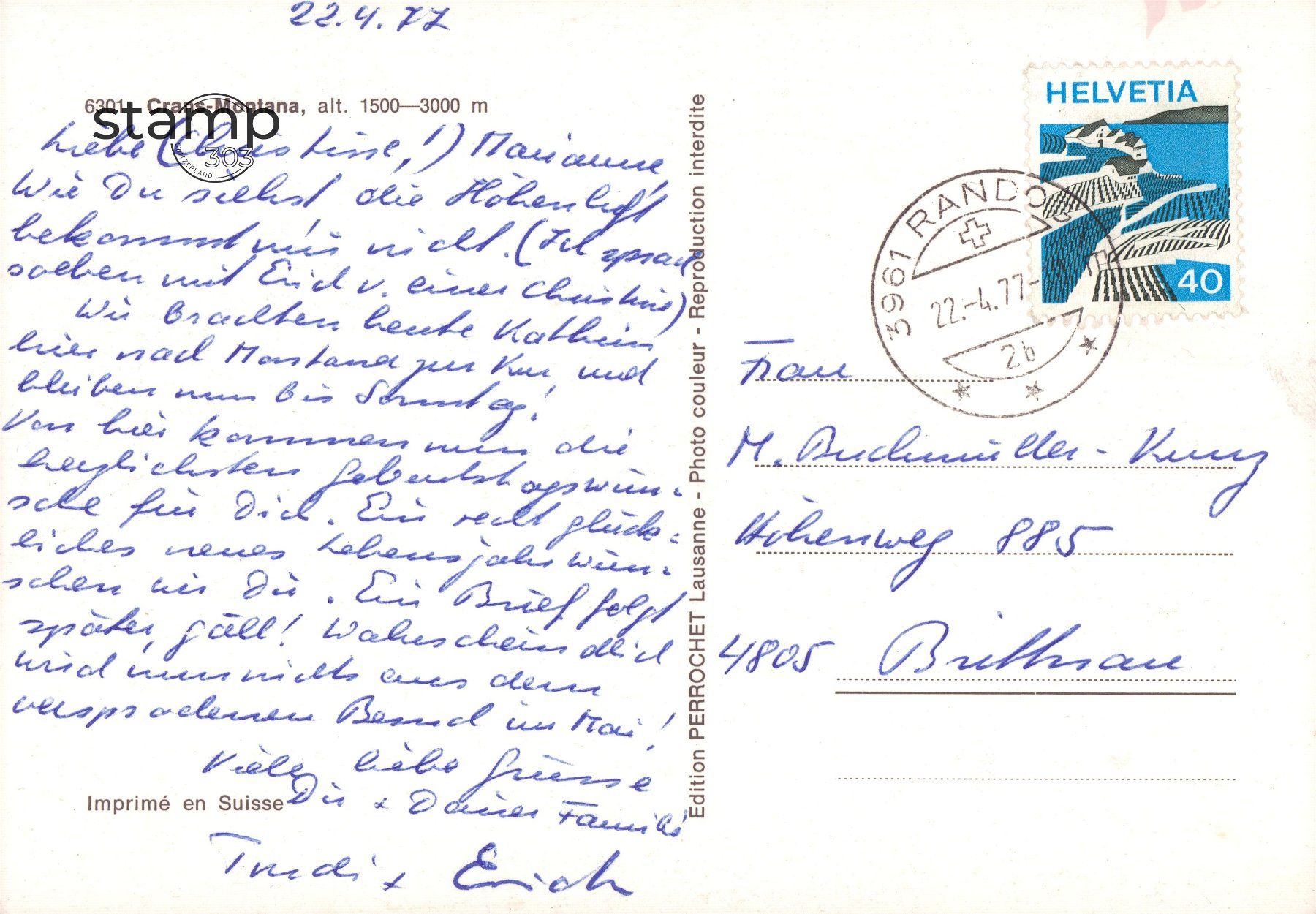 Cartoline postali: 1977 AK Crans-Montana – Usato da Eggersriet venduto da stamp303 1