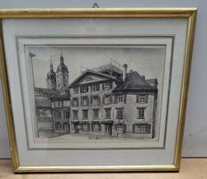 St. Gallen Gallusplatz H.R. Schmid Litho 1984 gerahmt E.A.