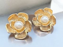 Vintage Ohrringe, goldfarbene und perlen Blumen, Clip