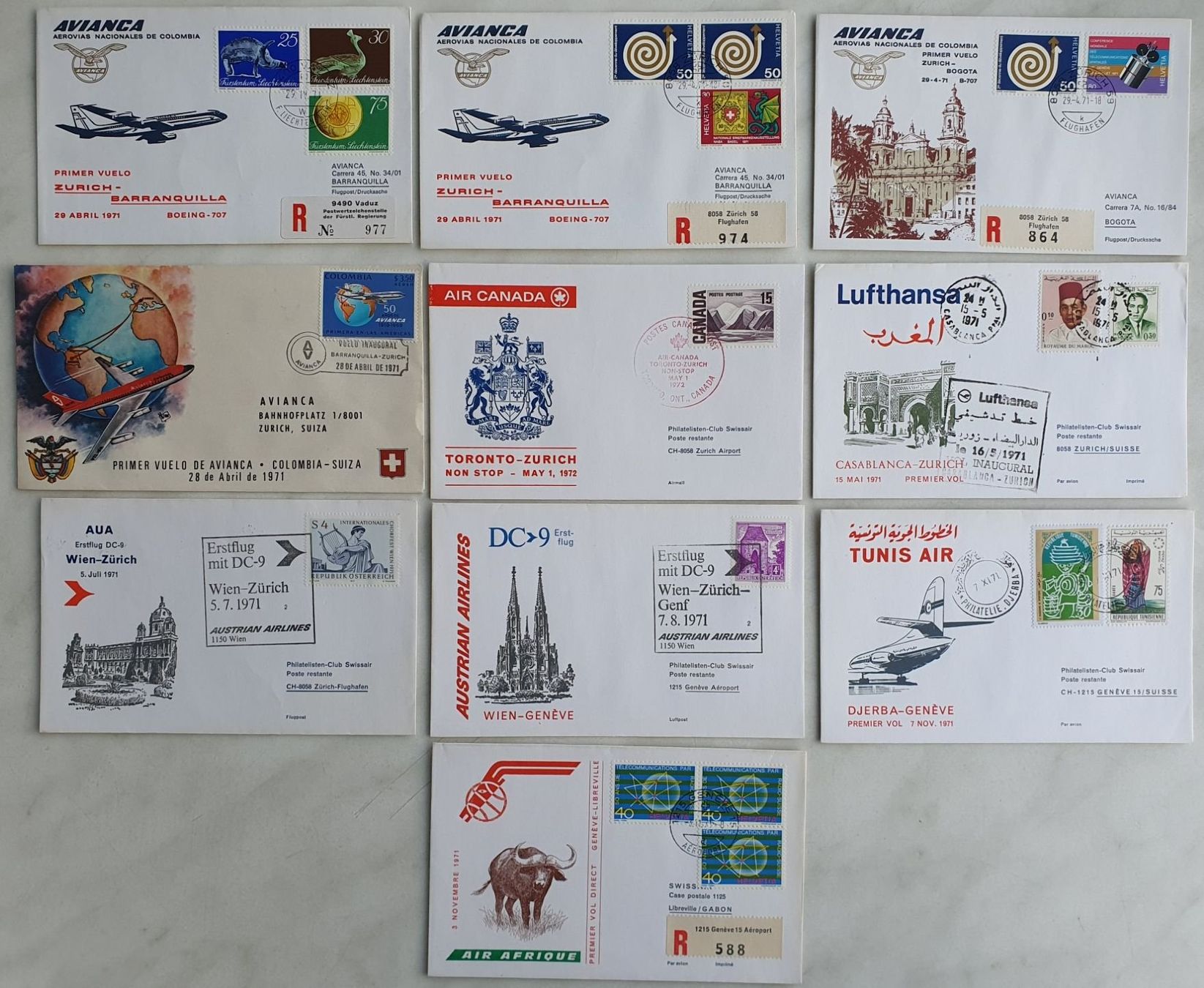 Alle Briefmarken: 10 Erstflüge 1971 – Gebraucht aus Fislisbach von Zigzag12