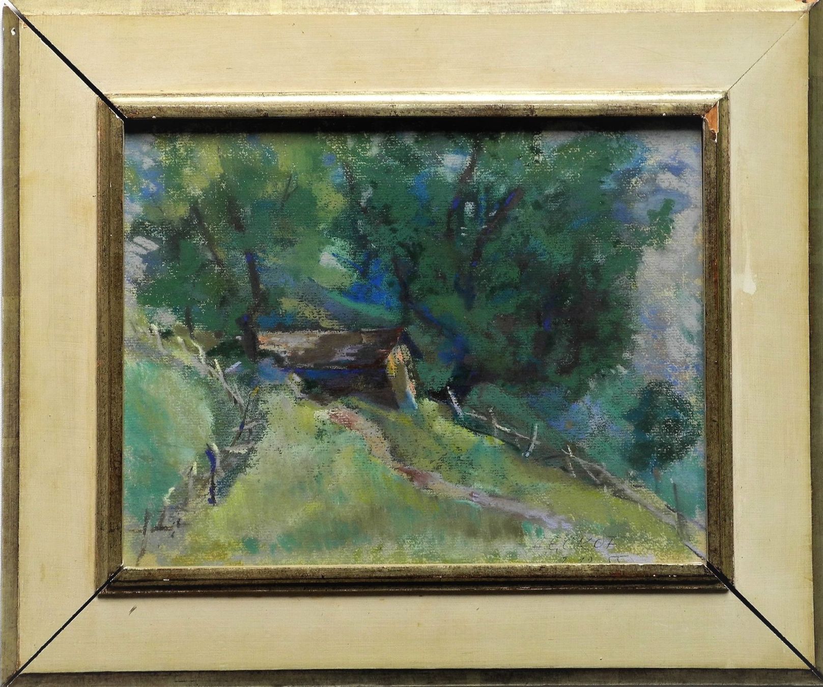 Dipinti: Idyllischer Waldrand mit Hütte sign. 1955 – Usato da Wünnewil venduto da FineArt-NicePrice 1