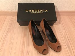 Neu: Gardenia Peeptoes Keilabsatz Wildleder Cognac Gr.39