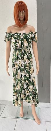 Off-Shoulder Summer Dress with Tropical Leaf Print - Size S