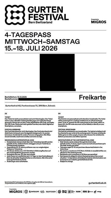 Billets: Gurtenfestival 4 tagespass – D'occasion à Bern par Janludewig
