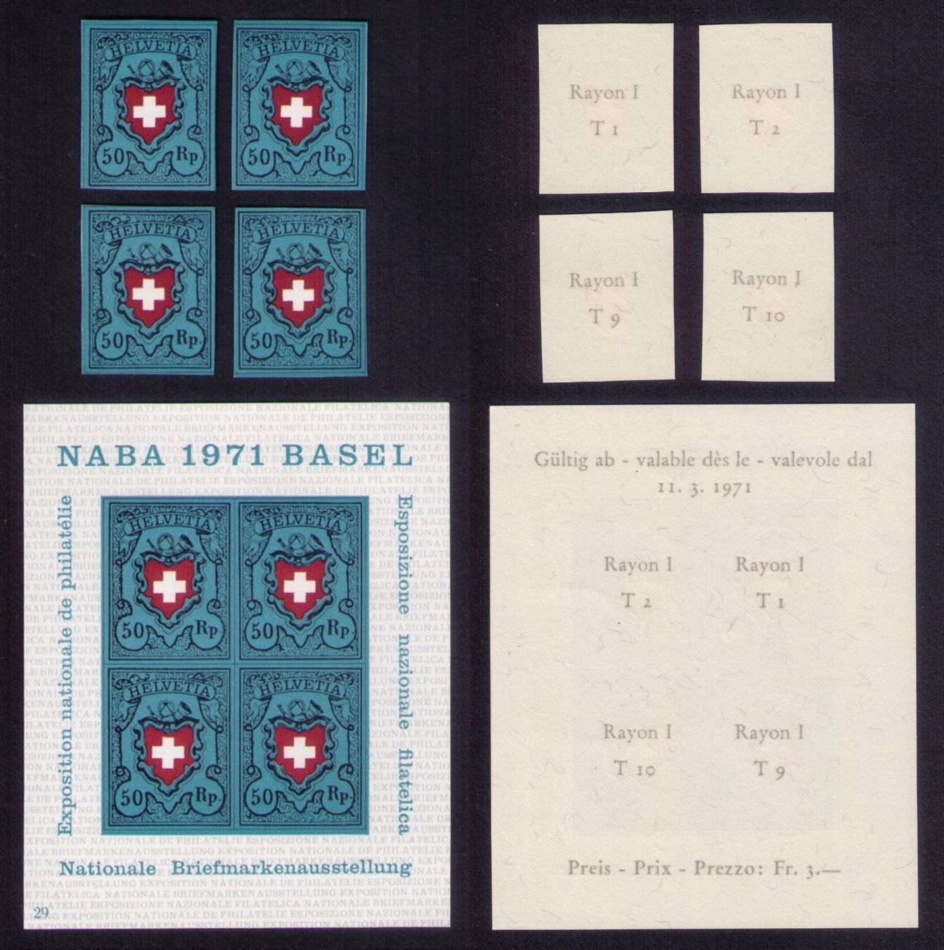 Tutti i francobolli: 1971_W44+45_NABA-Block Basel +Ausschnitte Rayon Typ 1+2+9+10 – Nuovo (secondo la descrizione) da Marthalen venduto da Ch_quality