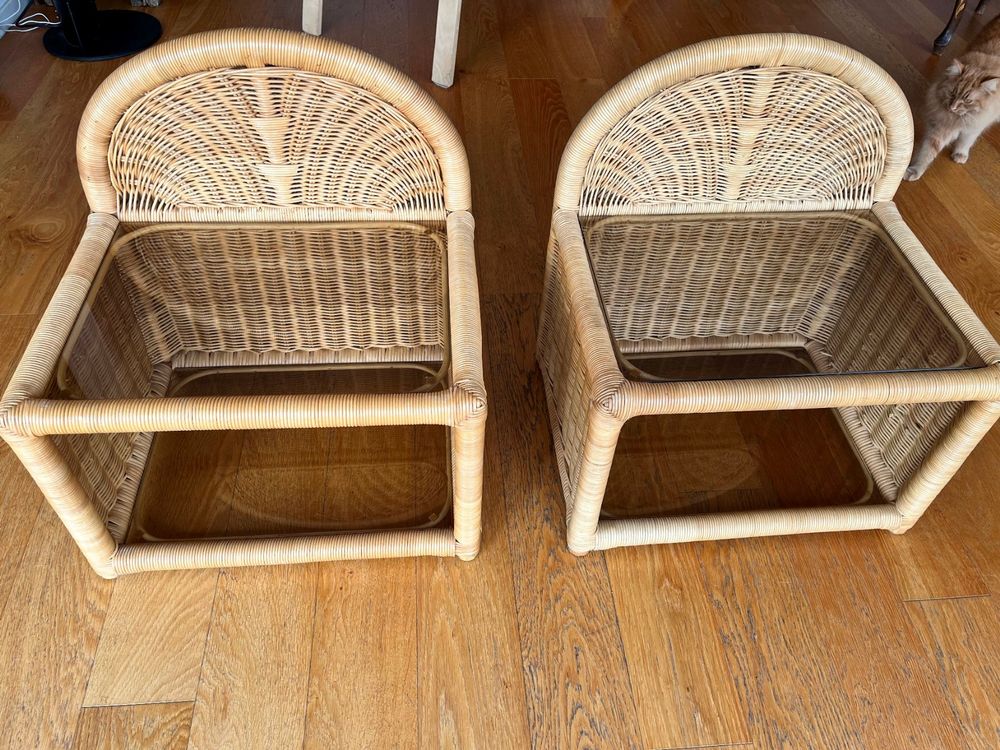 Set Di 2 Comodini Rattan Stazione Ricarica Tavolino Letto Boho Comodino Ripiano Aperto 2 Cassetti Gambe Metallo Camera Soggiorno Ingresso Bianco