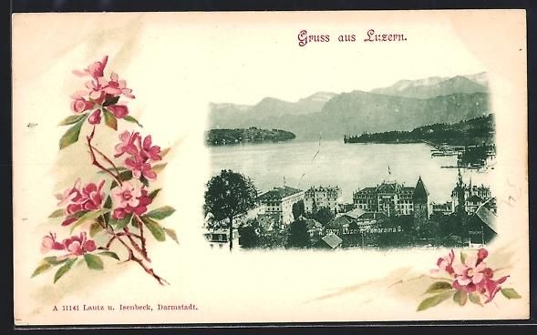 Cartoline postali: Litho Luzern, Panorama mit Hotel, Blüte – Usato da Berlin venduto da bartko-reher