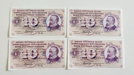 4x 10 Franken 1974, Reihenfolge gleiche Serie, top (WA4)