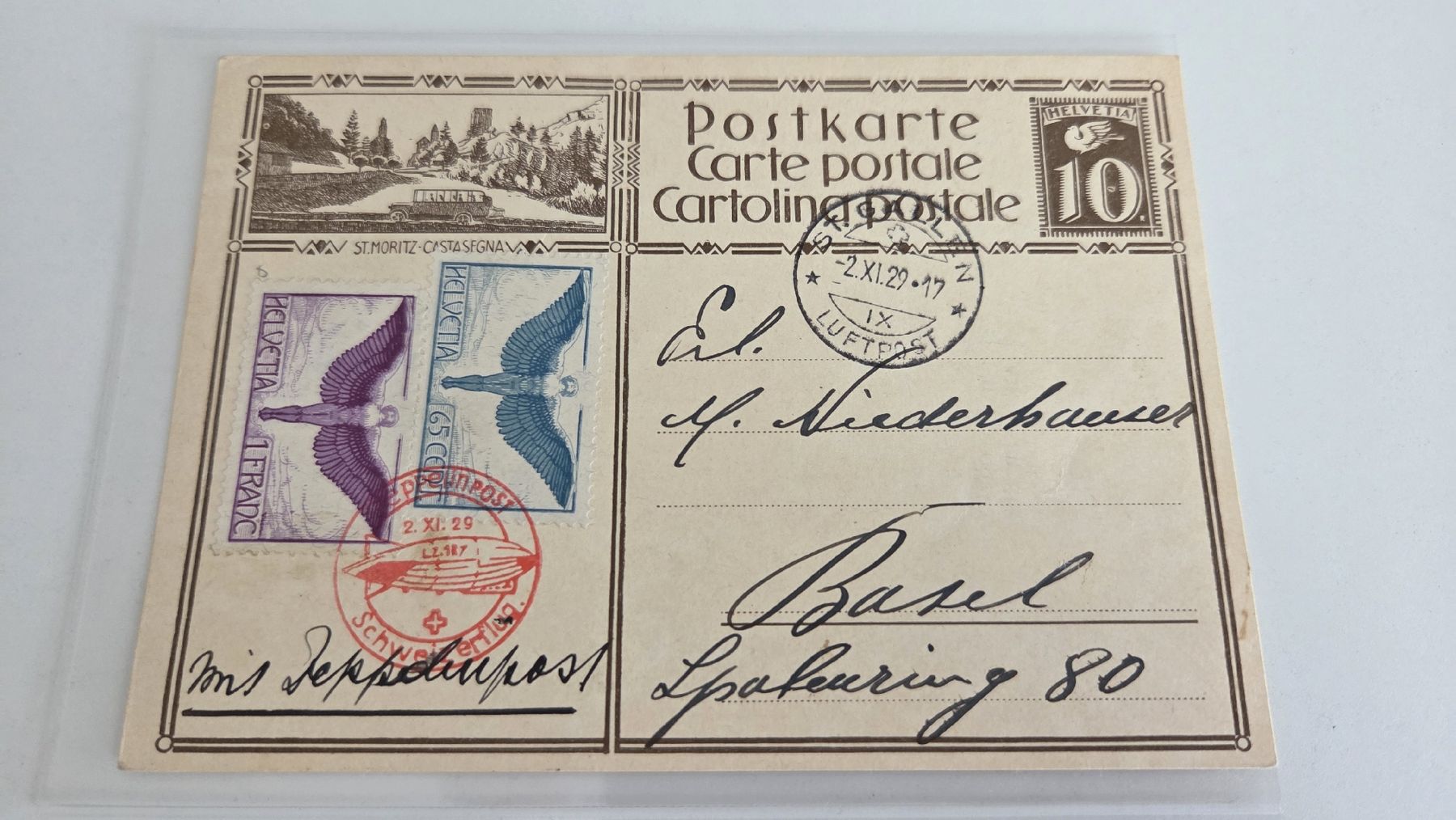 Alle Briefmarken: 1929 Zeppelinpost Schweizerflug auf Ganzsache St. Moritz – Gebraucht aus Arni AG von Moth68