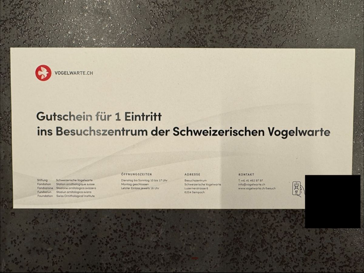 Gutscheine: Gutschein Schweizer Vogelwarte – Neu und originalverpackt aus Zollikofen von Shiraga 1