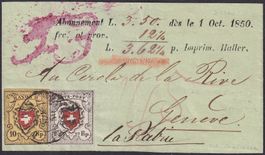 1850, Sackstempel von BERN +Mischfrankatur: Orts Post +RII !