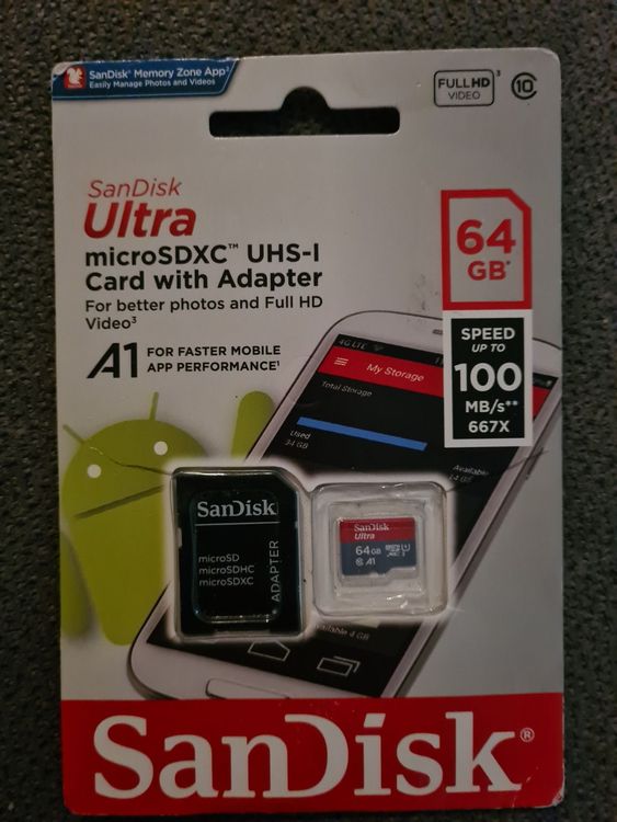 SanDisk Ultra microSDXC, 64 GB, 100 MB/s (Neu und originalverpackt) in ...